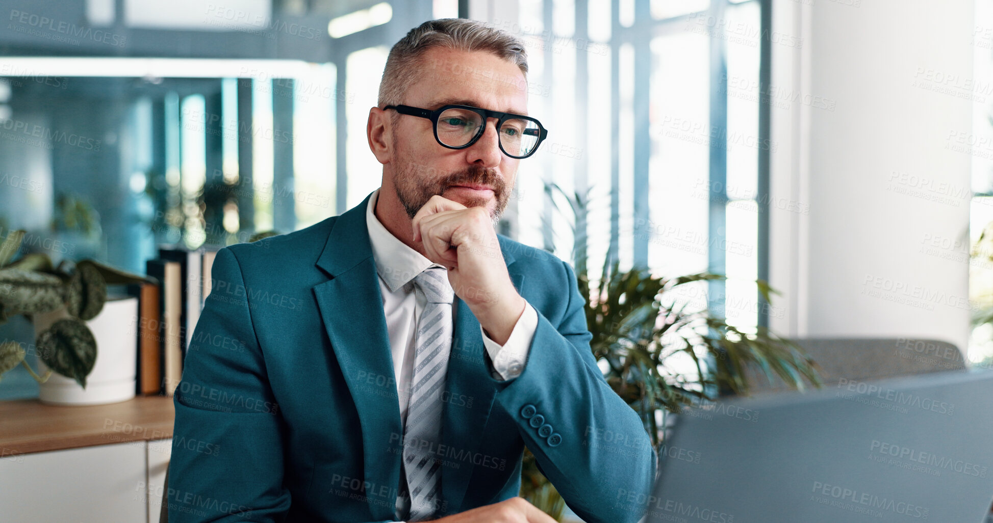 Buy stock photo Business man, thinking and reading on laptop for problem solving, investment idea or evaluation. Computer, mature or corporate manager with financial email for decision, planning or insight in office