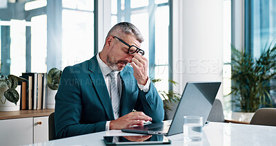 Buy stock photo Mature businessman, headache and laptop in office for stress, crisis or mistake at investment agency. Person, financial advisor and computer with migraine, glitch or frustrated for stock market stats