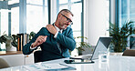 Laptop, business man or shoulder pain in office, tired or exhausted mature manager with burnout. Computer, sore joint or work injury, fatigue or overwork with muscle strain or bad posture with stress