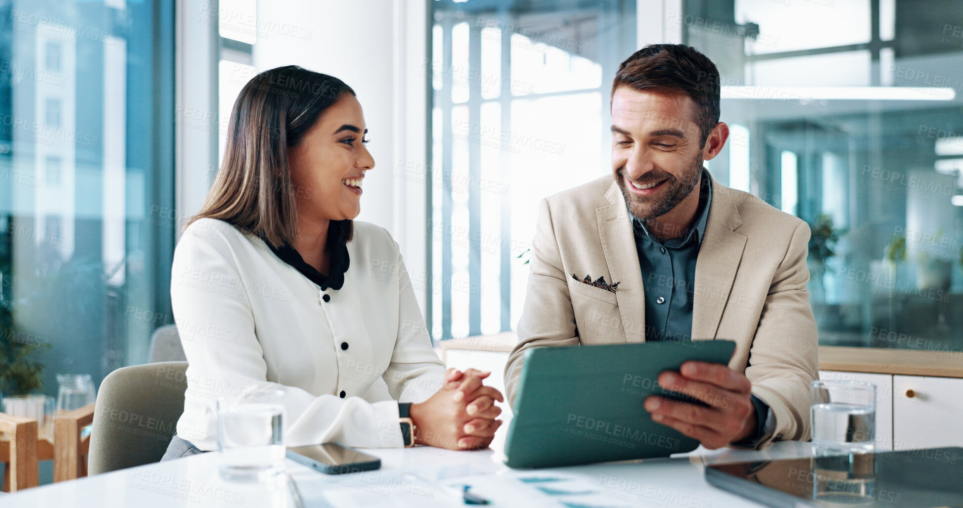 Buy stock photo Happy, teamwork and people with tablet, business and review of ad campaign performance or media buyer. Collaboration, smile and tech for digital marketing in office, website and discussion in meeting