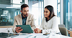 Woman, man and meeting on tablet at office of planning, financial document and company growth. People, discussion and online information for paperwork, profit graph and investment report and feedback