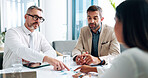 Documents, budget discussion or business people in meeting for teamwork, investment profit or paperwork. Pointing, review or financial analyst with economist for audit feedback, planning or project