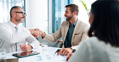 Buy stock photo Accountant, people and meeting with handshake in office for welcome, partnership and financial agreement. Men, thank you and documents for investment deal, proposal negotiation and b2b of opportunity