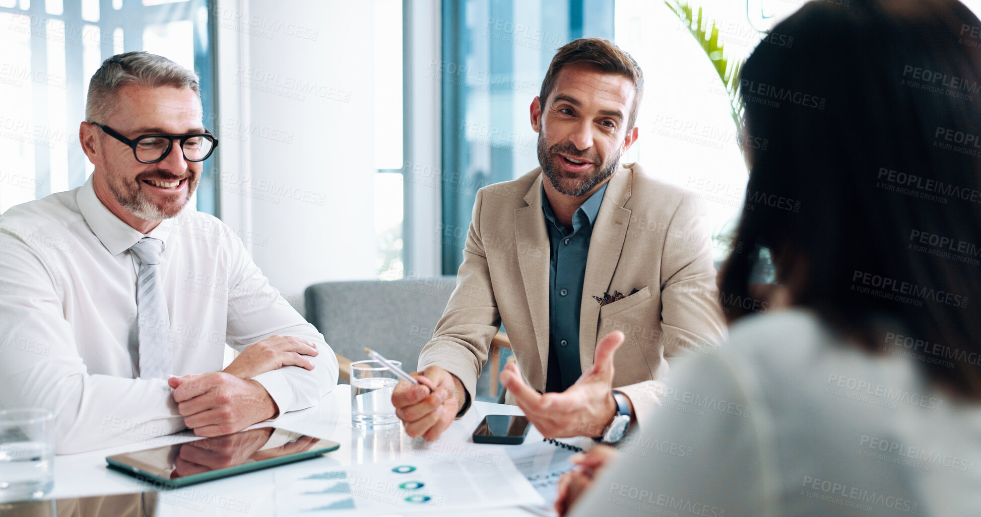Buy stock photo Review, budget discussion or business people in meeting for teamwork, investment profit or paperwork. Manager, documents or financial analyst with economist for audit feedback, planning or project