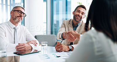 Buy stock photo Partnership, handshake and business people in office with planning for company investment. Meeting, paperwork and team of financial advisors with profit, revenue or agreement for finance proposal.