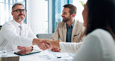 Buy stock photo Smile, business and people in meeting with handshake for welcome, partnership and financial agreement. Staff, thank you and documents with investment deal, proposal negotiation and b2b of opportunity