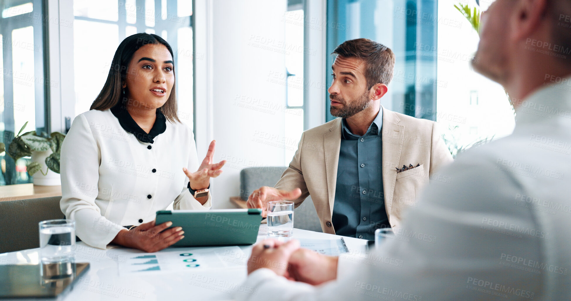 Buy stock photo Office, meeting and business people with tablet for online project, collaboration and consulting. Corporate, documents and men and woman on digital tech for research, proposal review and feedback