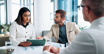 Buy stock photo Discussion, tablet and business people in office with planning for company investment. Meeting, paperwork and team of financial advisors with profit, revenue or dividend chart for finance proposal