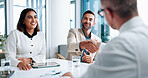 Business people, hiring or shaking hands with finance report documents for b2b proposal. Analyst, graphs and manager in meeting for handshake agreement for merger, accounting team or profit growth