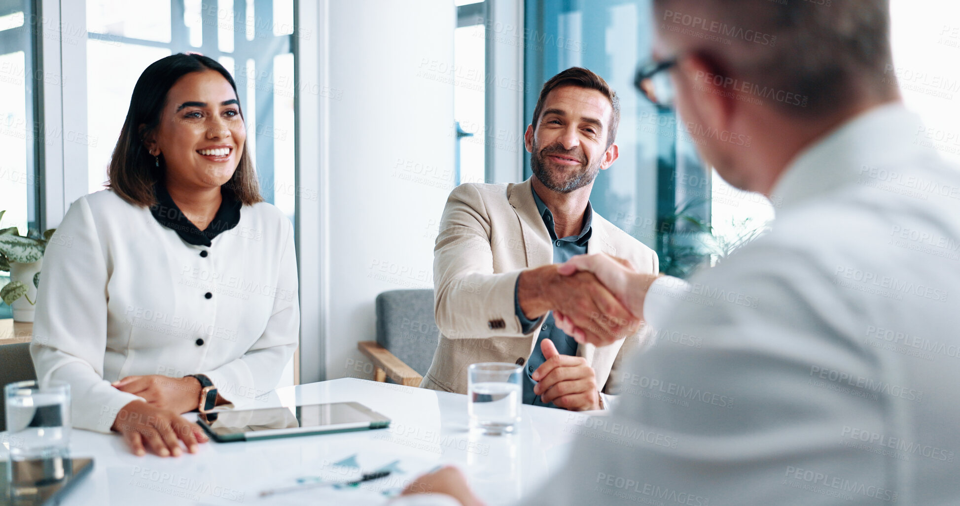 Buy stock photo Business people, hiring or shaking hands with finance report documents for b2b proposal. Analyst, graphs and manager in meeting for handshake agreement for merger, accounting team or profit growth