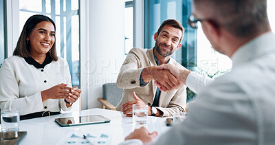 Buy stock photo Accountant, men and meeting with handshake in office for welcome, partnership and financial agreement. People, thank you and documents for investment deal, proposal negotiation and B2B of opportunity