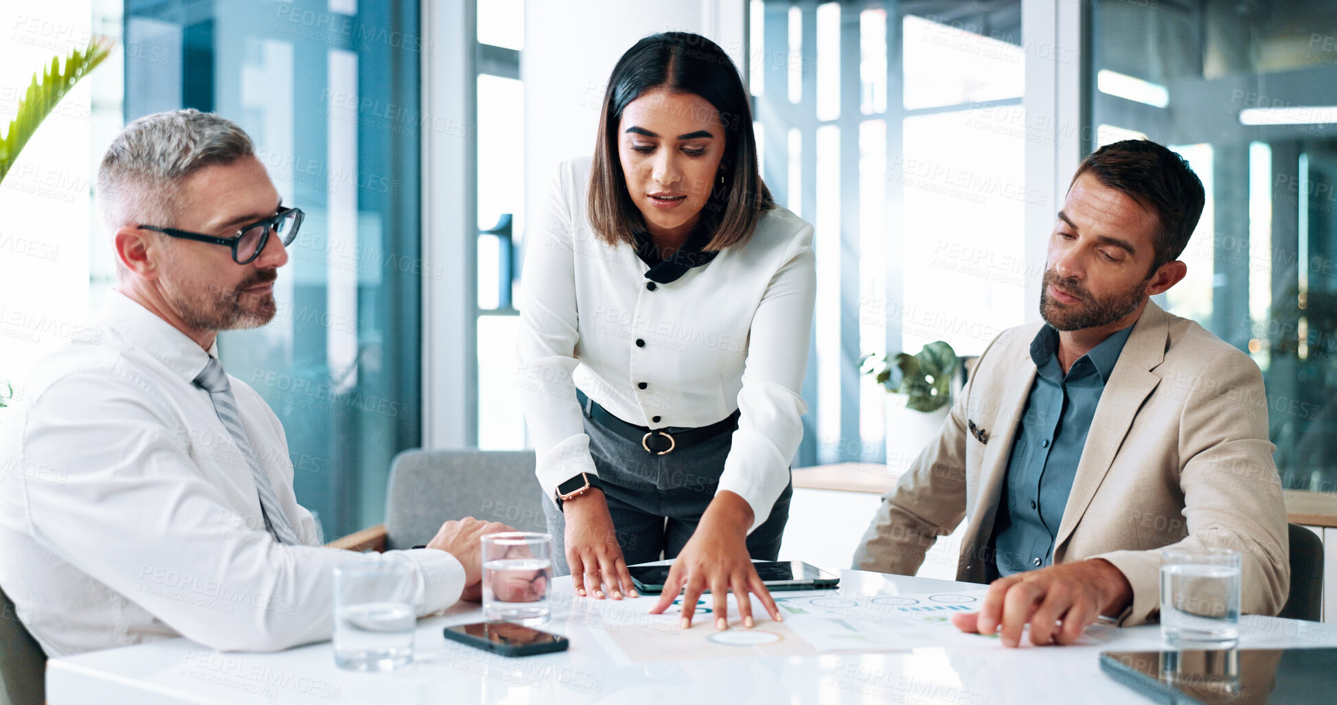 Buy stock photo Accounting, report and business woman with tablet, feedback and manager for deal discussion and graphs. People, teamwork and document with meeting, growth strategy or project goal for finance