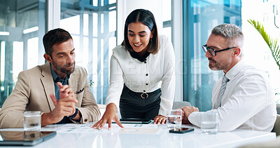 Buy stock photo Discussion, financial portfolio or business people in meeting for teamwork, investment profit or paperwork. Online, research or budget analyst with economist for audit feedback, planning or project
