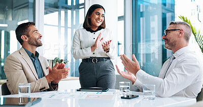 Buy stock photo Promote, success and business people clapping in meeting for celebration, achievement or praise. Happy group, applause or congratulations for winning promotion, office support or team cheers for goal