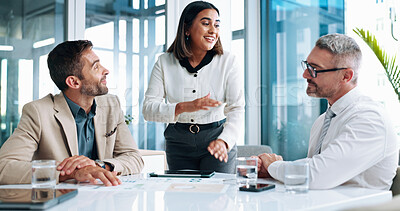 Buy stock photo Discussion, budget review or business people in meeting for teamwork, investment profit or paperwork. Manager, documents or financial analyst with economist for feedback, revenue or planning project