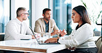 Typing, meeting and business woman in office with ideas for budget planning with team. Brainstorming, research and female financial advisor with strategy, notes and company for investment or profit