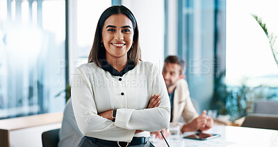 Buy stock photo Corporate, crossed arms and portrait of business woman in office with confidence, pride and smile. Consultant intern, professional and person in boardroom for finance career, opportunity and working