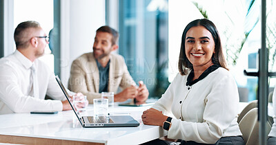 Buy stock photo Portrait, meeting and business woman in office with laptop for budget planning with team. Brainstorming, collaboration and female financial advisor with strategy for company, investment or profit