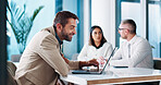 Meeting, businessman and happy with laptop in office, financial report or auditing for corporate firm. Service, male person or accountant with tech for investment research, bookkeeping or reading faq