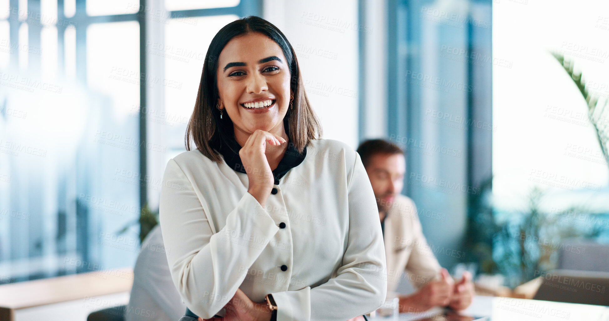 Buy stock photo Portrait, meeting and business woman with ideas for budget planning with team in office. Brainstorming, thinking and female financial advisor with strategy for company, investment or profit growth