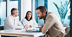 Reading, meeting and businessman in office with laptop for budget planning with team. Brainstorming, accounting and financial advisor with economic strategy for company, investment or profit growth