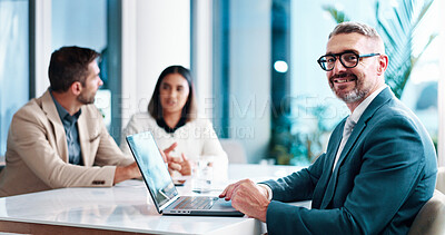 Buy stock photo Portrait, meeting or businessman on laptop in office for feedback, financial planning and company. People, discussion and finance advisor for revenue growth, investment report and corporate review
