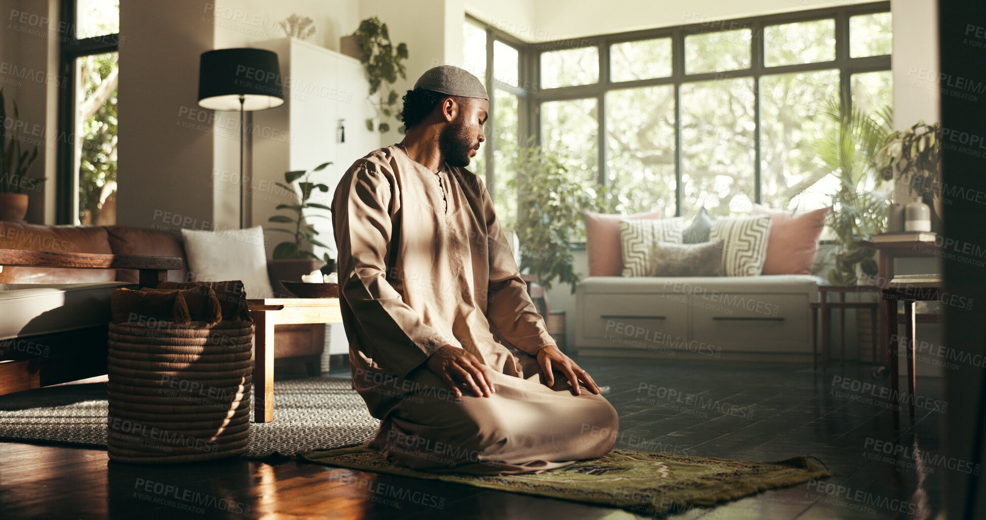 Buy stock photo Muslim man, faith and mat in home with worship for ramadan, Islam or relationship with Allah. Person, hijab and morning for prayer, religion and blessing with God for fasting, dua and praise in house