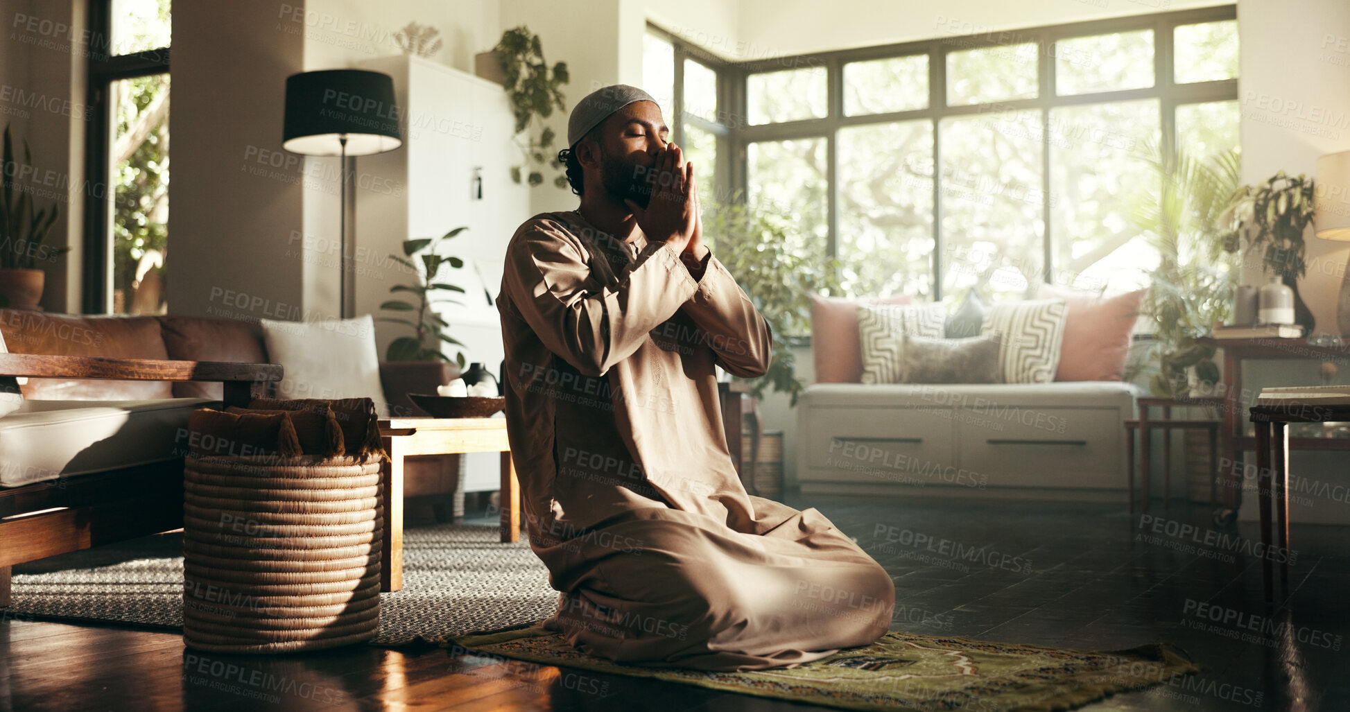 Buy stock photo Man, Islamic faith and mat in home with worship for ramadan, Muslim or relationship with Allah. Person, morning and pray for guide, religion and blessing with God for fasting, dua and praise in house