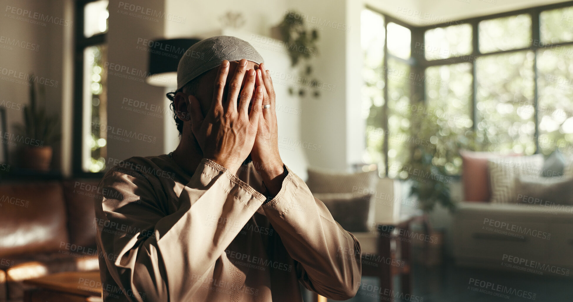 Buy stock photo Muslim, prayer and dua with man at home for gratitude, ramadan kareem and worship. Spiritual, peace and Islamic with person and faith in living room of apartment for eid Mubarak, Allah and religion
