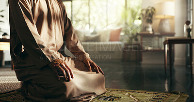 Buy stock photo Islam, prayer and hands of man at home for ramadan kareem, spiritual and worship. Religion, faith and eid Mubarak with Muslim person and salah in living room for holy month, Allah praise and dua