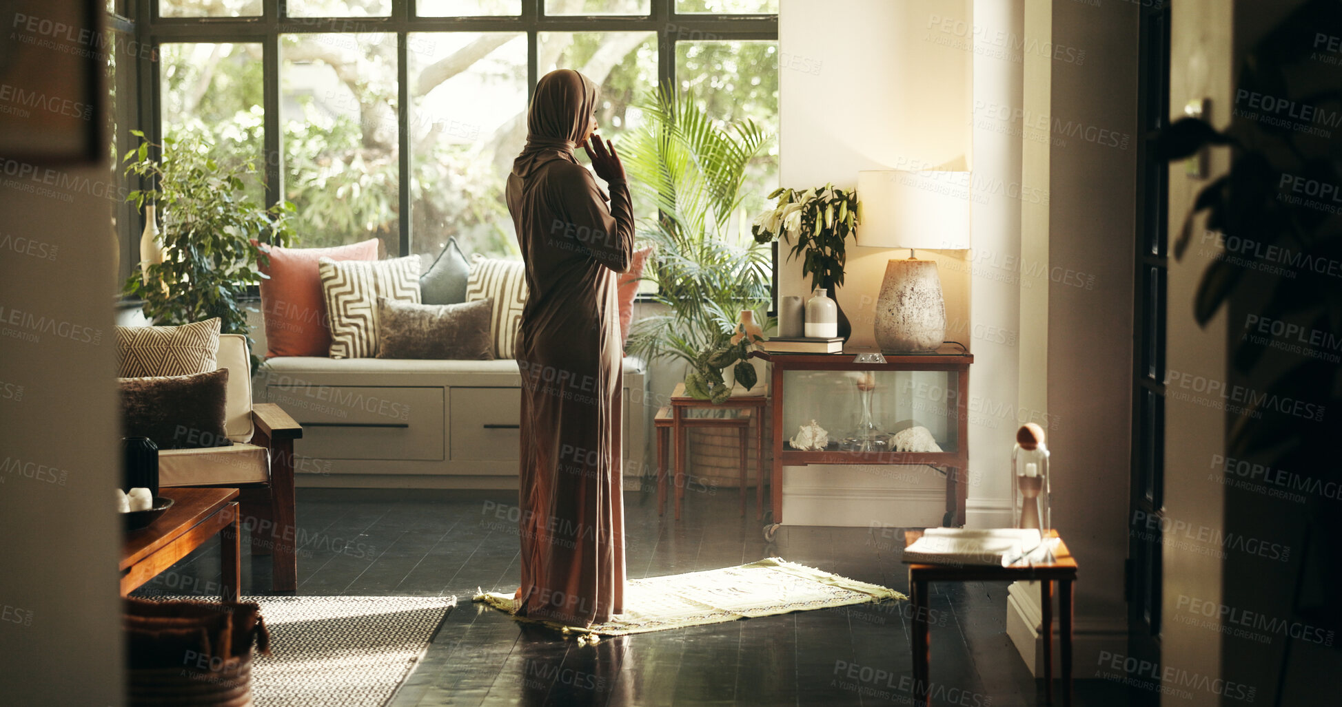 Buy stock photo Muslim, prayer and faith with woman at home for gratitude, ramadan kareem and worship. Spiritual, peace and Islamic with person and dua in living room of apartment for eid Mubarak, Allah and religion
