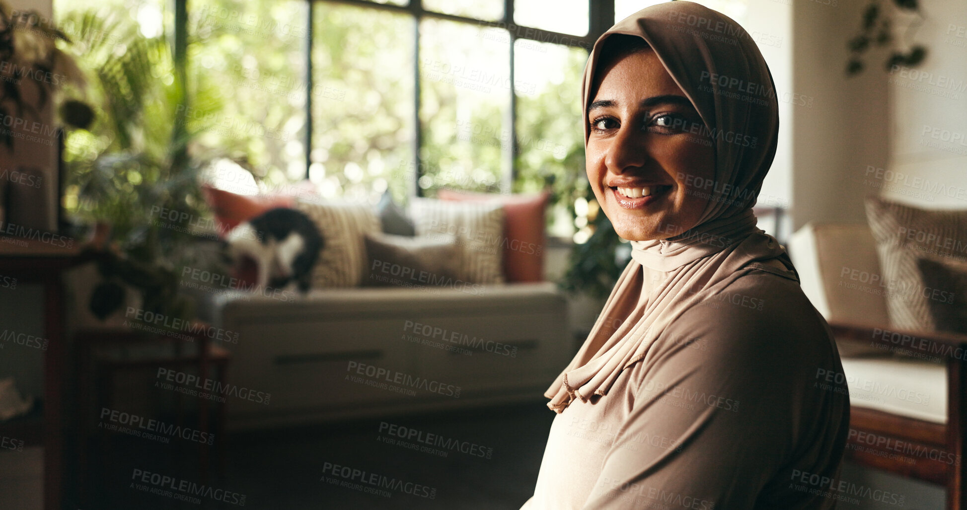 Buy stock photo Portrait, muslim woman and praying at house of spiritual worship, religion belief and praise to Allah. Person, guidance and fasting for Ramadan tradition, holy devotion and gratitude of Islam culture
