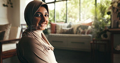 Buy stock photo Portrait, islamic woman and praying at house of spiritual worship, religion belief and praise to Allah. Face, female muslim and fasting for Ramadan tradition, holy devotion and gratitude with Eid dua