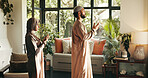 Muslim, couple and pray with faith at house of spiritual worship, religion belief and praise to Allah. People, guidance and fasting for Ramadan tradition, holy devotion and gratitude of Islam culture