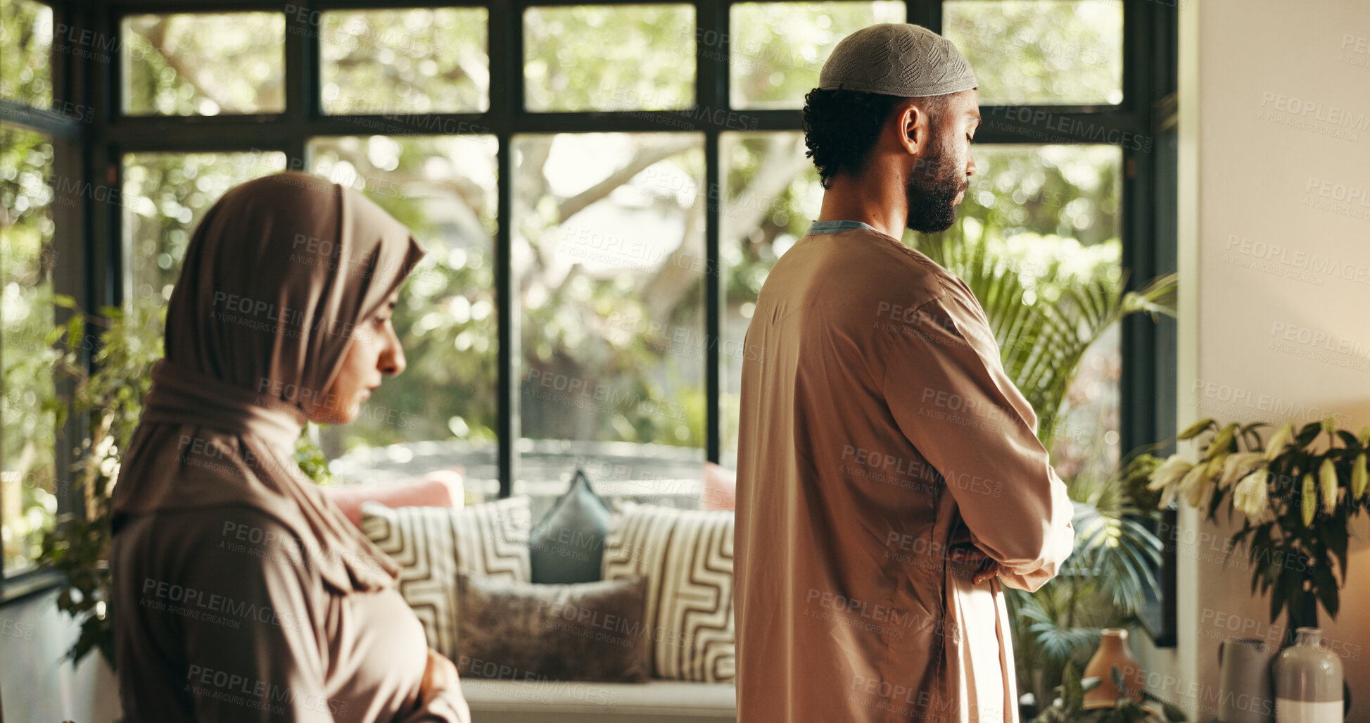 Buy stock photo Muslim, couple and Islamic prayer at house for spiritual worship, religion belief and praise to Allah. People, faith and reflection for Eid Mubarak, holy devotion and gratitude with dua for bonding