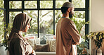 Muslim, couple and Islamic prayer at house for spiritual worship, religion belief and praise to Allah. People, faith and reflection for Eid Mubarak, holy devotion and gratitude with dua for bonding