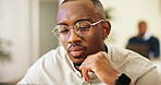 Business, thinking and man in office, glasses and confidence with problem solving. Person, journalist and employee in workplace, eyewear or online reading for feedback, review or research for article