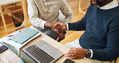 Buy stock photo Business men, laptop and handshake in office for thank you, support and partnership in creative startup. Collaboration, deal and shaking hands for teamwork with mentor, training success or agreement