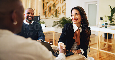 Buy stock photo Teamwork, handshake and meeting with business people in office with museum curator, event planning or startup. Artist exhibition, gallery and collaboration with employees in agency for welcome