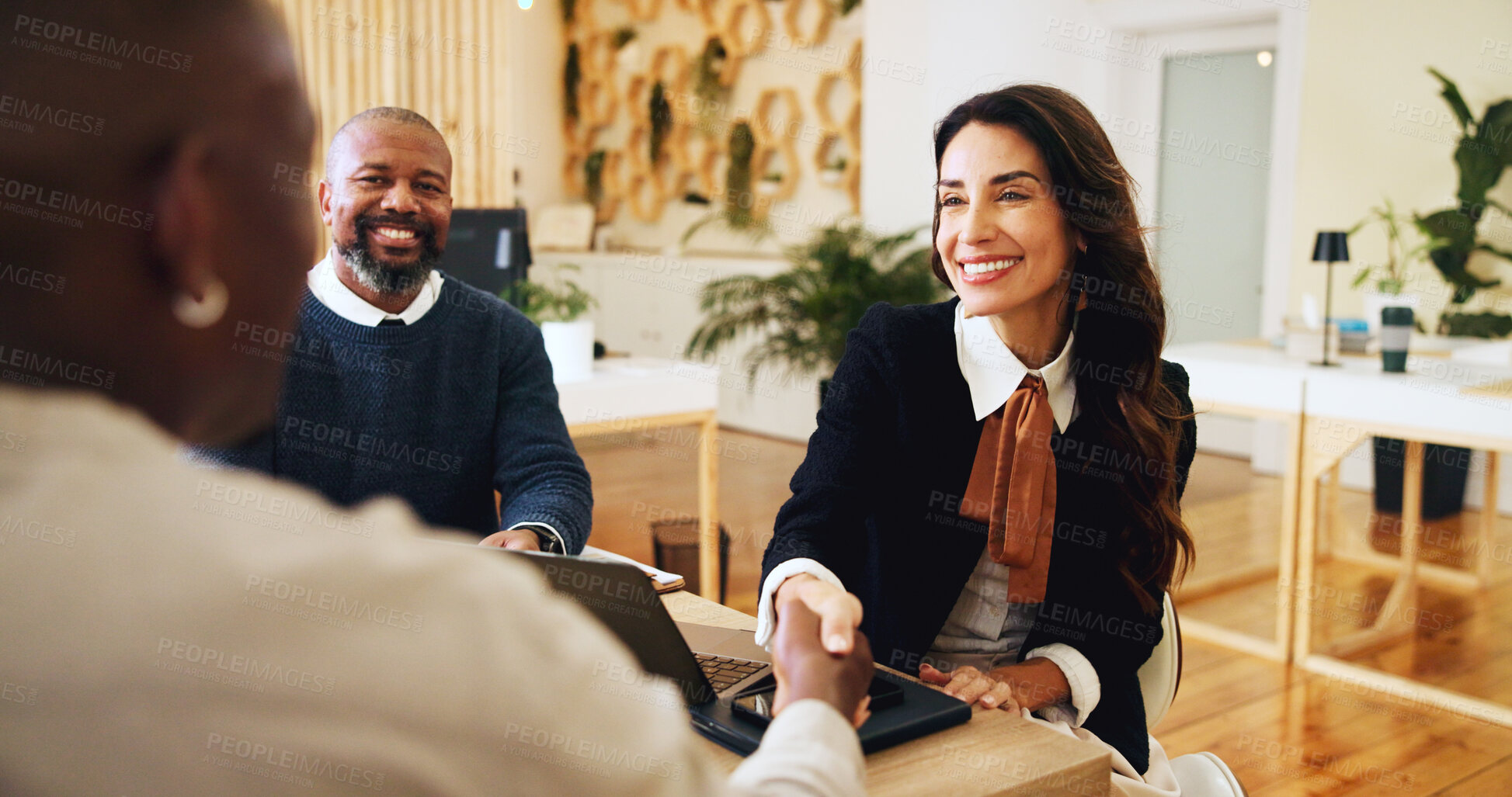 Buy stock photo Teamwork, handshake and meeting with business people in office with museum curator, event planning or startup. Artist exhibition, gallery and collaboration with employees in agency for welcome