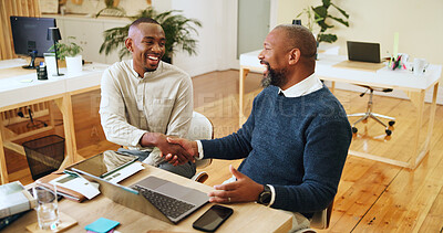 Buy stock photo Business men, laugh and handshake in office for thank you, support and partnership on laptop in creative startup. Collaboration, deal and African team shaking hands with mentor for training success