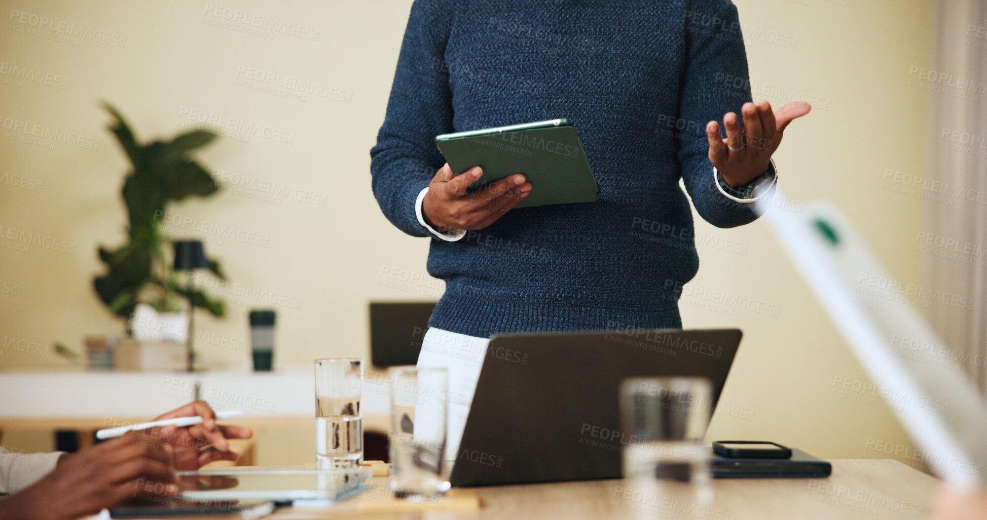 Buy stock photo Hands, business and man with tablet in meeting for training advice, financial planning and feedback. Manager, people and explain with digital for brainstorming, schedule update and investment report