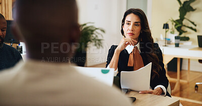 Buy stock photo Meeting, people and review of documents, office and client with lawyer for patent, serious or planning. Law, group and attorney with paperwork for legal info, discussion or help for infringement case