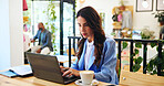 Reading, research and laptop with woman in cafe for remote worker, typing and planning. Feedback, business and client report with person in coffee shop for freelancer, invoice and information
