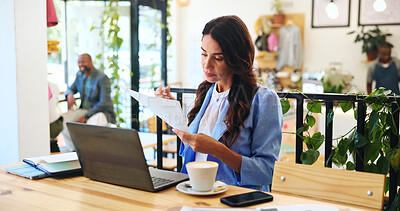 Buy stock photo Documents, research and laptop with woman in cafe for remote worker, reading and planning. Feedback, paperwork and client report with person in coffee shop for freelancer, invoice and information