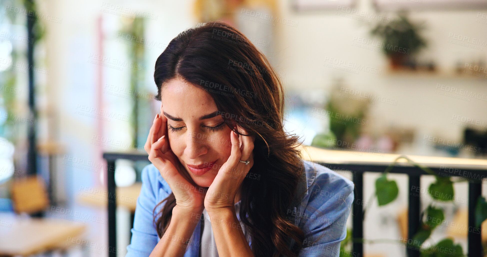 Buy stock photo Pain, headache and woman in cafe with stress, sick or overwork with burnout for remote work. Migraine, tired or person in coffee shop with fatigue, crisis or massage temples for brain fog or pressure