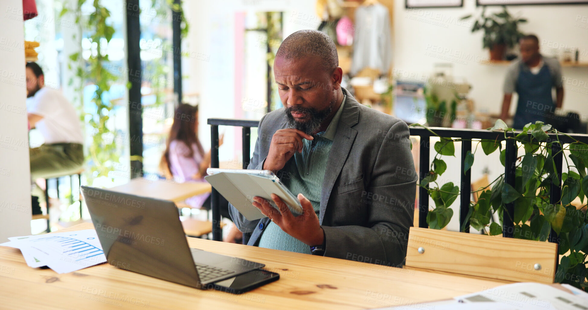 Buy stock photo Thinking, business and tablet with man in cafe for reflection, remote worker and research. Planning, client feedback and vision with male person and laptop in coffee shop for future, idea and update