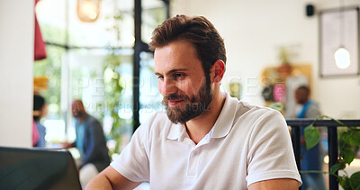 Buy stock photo Smile, laptop and freelancer with man in cafe for journalist, remote worker and research. Planning, editor feedback and networking with male person in coffee shop for article writing and update