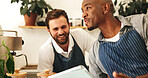 Tablet, cafe waiters and men talk, planning menu or discussion for online order in startup coffee shop. Technology, barista and team in small business for stock, check inventory and happy for sales