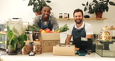 Buy stock photo Business aid, donations and men with portrait, sorting and food distribution with teamwork. People, volunteer project and cooperation in coffee shop, produce or inventory with boxes, charity or smile